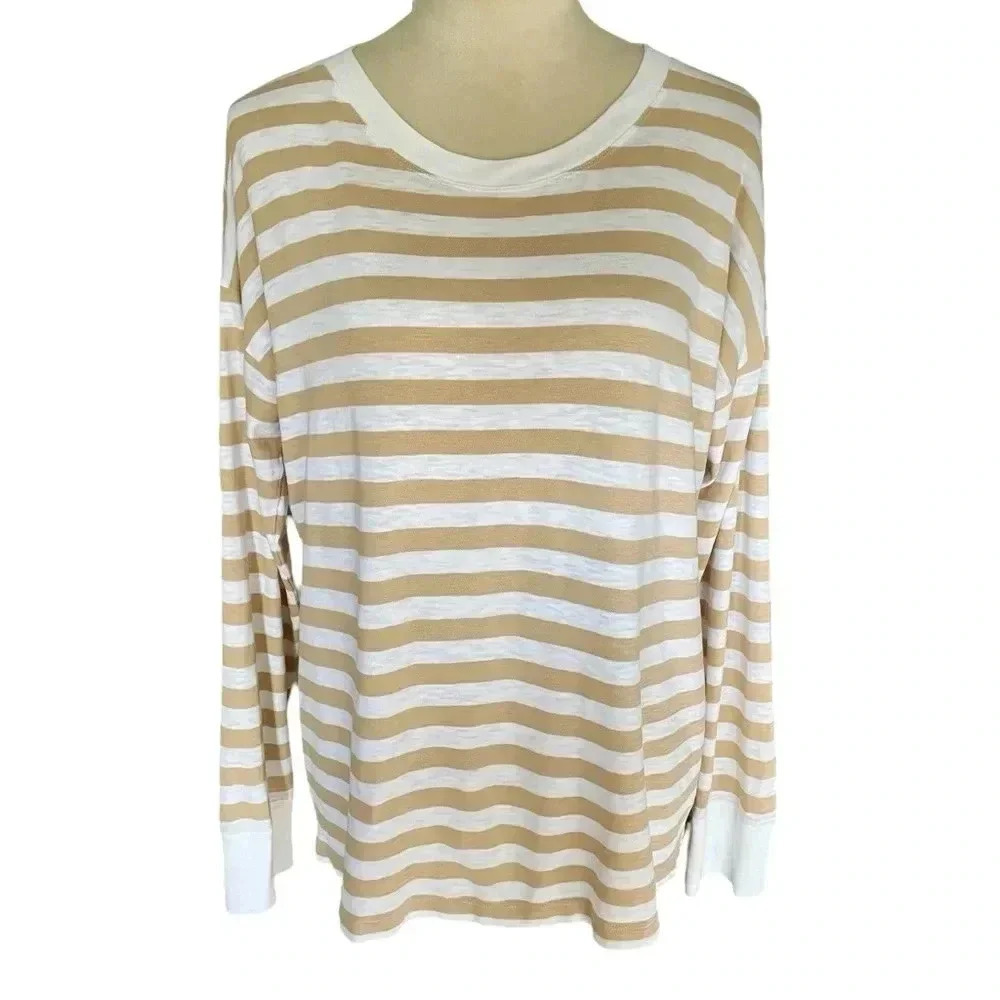J. Crew Women Top M Y2K Stripes Cotton Long Sleeve Shirt‎ White Crew Neck Casual